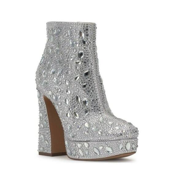 Jessica Simpson Silver Dollyi Crystal Embellished Platform Ankle Bootie Size 7.5 - Picture 1 of 7
